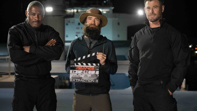 Chris Hemsworth, Idris Elba and Golshifteh Farahani in an official image for Extraction 3.