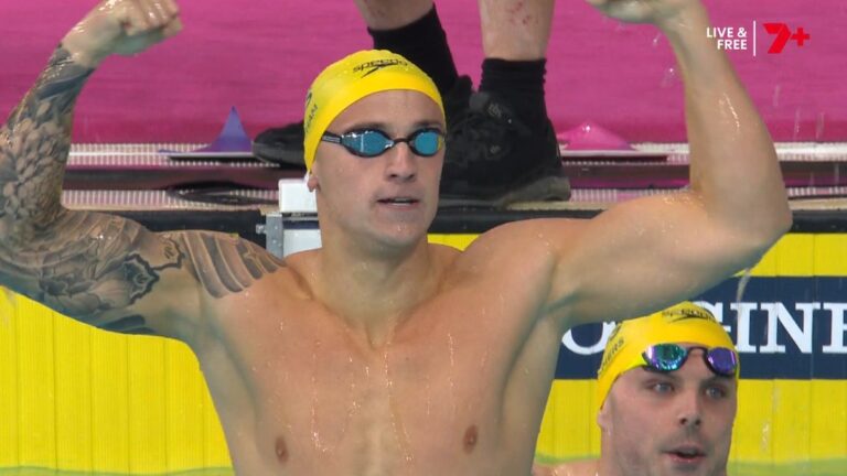 Flynn Southam celebrates after winning the men's 100m freestyle at Glasgow 2026.