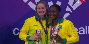 Gemma Sellick and Victoria Belando-Nicholson after winning Glasgow 2026 medals for Australia.