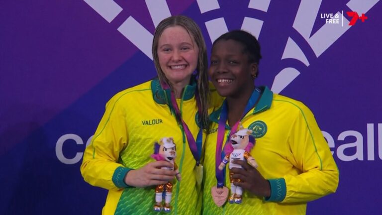 Gemma Sellick and Victoria Belando-Nicholson after winning Glasgow 2026 medals for Australia.