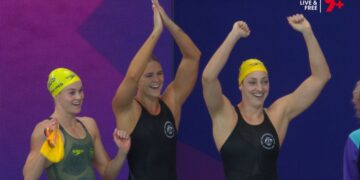 The Australian women's 4 x 100m freestyle relay team after winning gold at Glasgow 2026.