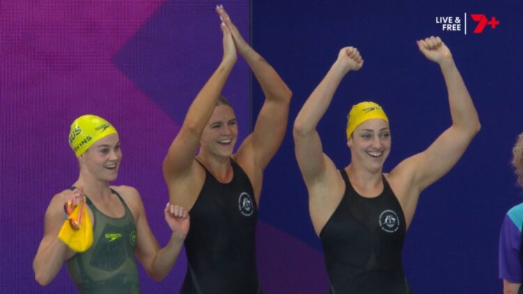 The Australian women's 4 x 100m freestyle relay team after winning gold at Glasgow 2026.