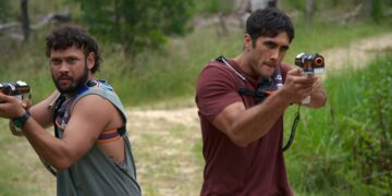 Home and Away characters Cash and Tane play laser tag during the upcoming event week