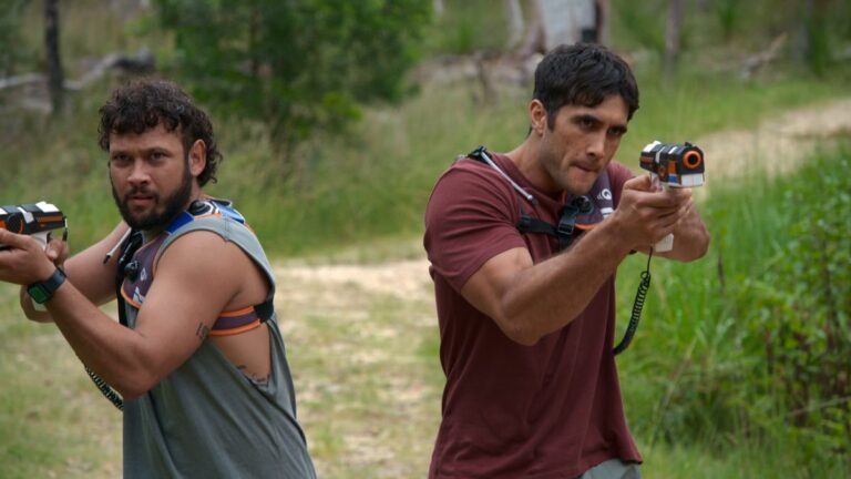 Home and Away characters Cash and Tane play laser tag during the upcoming event week