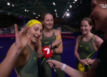 Jenna Jones, Kiralee Hayes and Mia Hogan after Australia's women's 100m freestyle S13 result at Glasgow 2026.