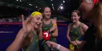 Jenna Jones, Kiralee Hayes and Mia Hogan after Australia's women's 100m freestyle S13 result at Glasgow 2026.