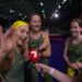 Jenna Jones, Kiralee Hayes and Mia Hogan after Australia's women's 100m freestyle S13 result at Glasgow 2026.