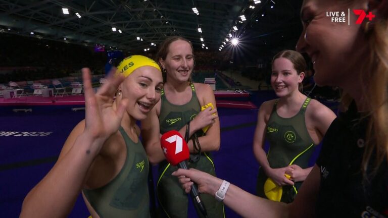 Jenna Jones, Kiralee Hayes and Mia Hogan after Australia's women's 100m freestyle S13 result at Glasgow 2026.
