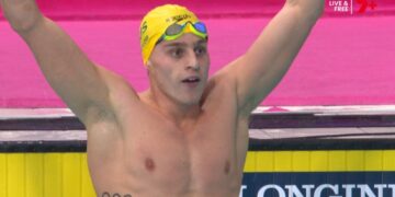 Kai Taylor after winning the men's 200m freestyle final at Glasgow 2026.