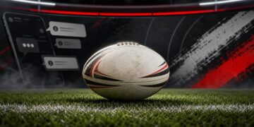 Rugby league ball on a field with a phone and social media comments in the background.