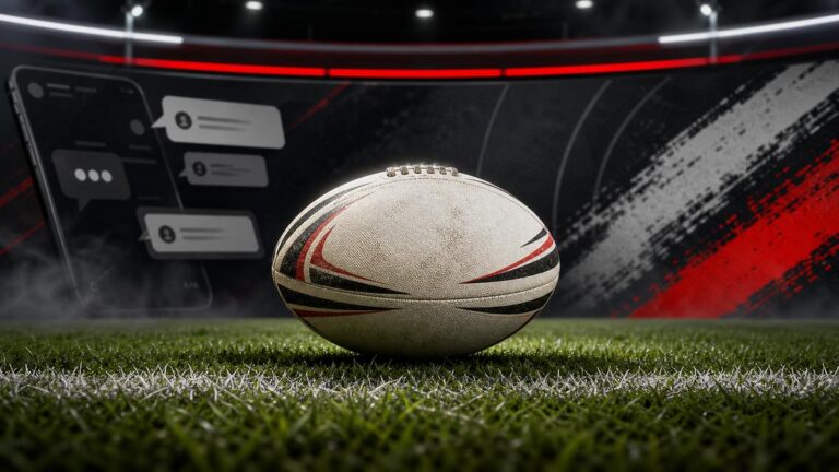 Rugby league ball on a field with a phone and social media comments in the background.