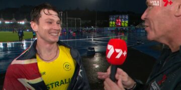 Lachlan Kennedy speaks with Seven after winning silver and breaking the Australian men's 100m record at Glasgow 2026.