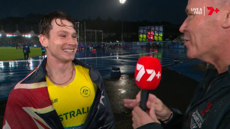 Lachlan Kennedy speaks with Seven after winning silver and breaking the Australian men's 100m record at Glasgow 2026.