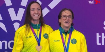 Lani Pallister and Jenna Forrester after Australia's women's 400m freestyle medal result at Glasgow 2026.