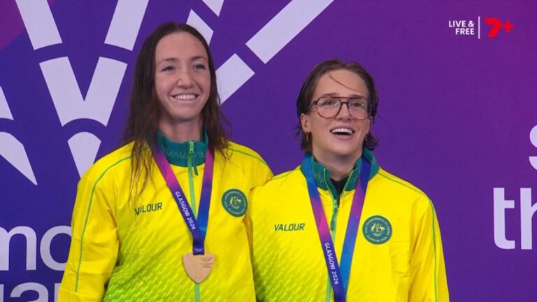 Lani Pallister and Jenna Forrester after Australia's women's 400m freestyle medal result at Glasgow 2026.