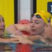 Meg Harris, Molly O'Callaghan and Shayna Jack celebrate Australia's 100m freestyle sweep at Glasgow 2026