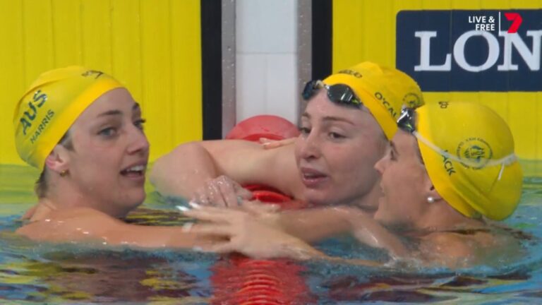 Meg Harris, Molly O'Callaghan and Shayna Jack celebrate Australia's 100m freestyle sweep at Glasgow 2026