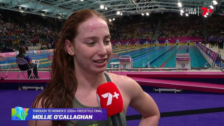 Mollie O'Callaghan speaks to Seven after qualifying for the women's 200m freestyle final at Glasgow 2026.