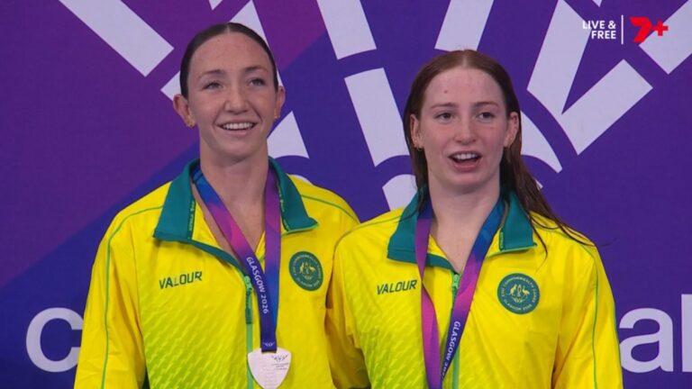 Mollie O'Callaghan and Lani Pallister after Australia's gold and silver result in the women's 200m freestyle at Glasgow 2026.