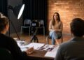 A television casting room with a camera, lights and audition setup