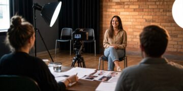 A television casting room with a camera, lights and audition setup