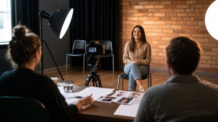 A television casting room with a camera, lights and audition setup