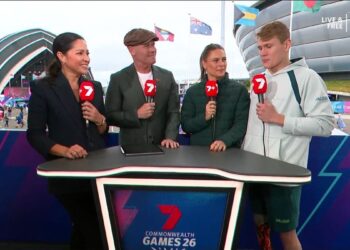 Mel McLaughlin and Jason Richardson interview Nina Kennedy and Tim Hodge during Seven's Glasgow 2026 Commonwealth Games coverage.