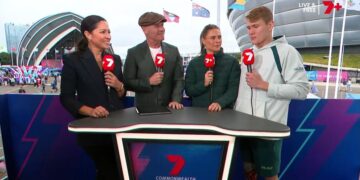 Mel McLaughlin and Jason Richardson interview Nina Kennedy and Tim Hodge during Seven's Glasgow 2026 Commonwealth Games coverage.