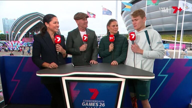 Mel McLaughlin and Jason Richardson interview Nina Kennedy and Tim Hodge during Seven's Glasgow 2026 Commonwealth Games coverage.