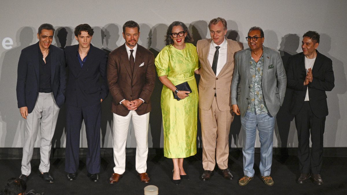 Ajay Bijli, Tom Holland, Matt Damon, Emma Thomas, Christopher Nolan and Shivendra Singh Dungarpur on the Mumbai red carpet