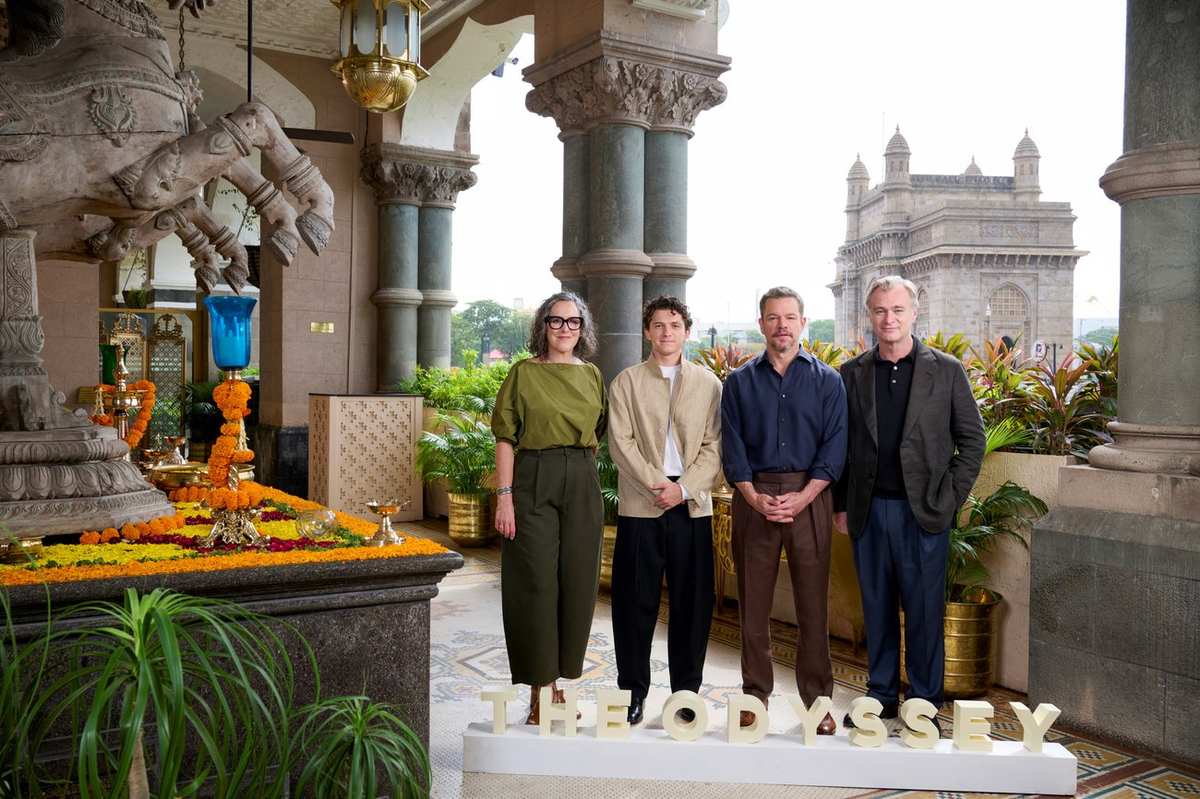 Matt Damon, Emma Thomas, Christopher Nolan and Tom Holland at The Odyssey Mumbai photo call