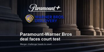 Paramount+ and Warner Bros. Discovery official logos over a courthouse background for the Paramount-Warner Bros deal court test story.