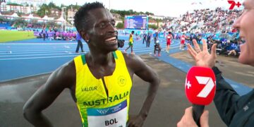 Peter Bol speaks with Seven's Jason Richardson after his Glasgow 2026 800m heat