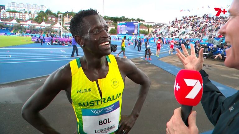 Peter Bol speaks with Seven's Jason Richardson after his Glasgow 2026 800m heat