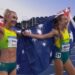 Rose Davies and Jess Hull celebrate their Glasgow 2026 5000m one-two with Australian flags