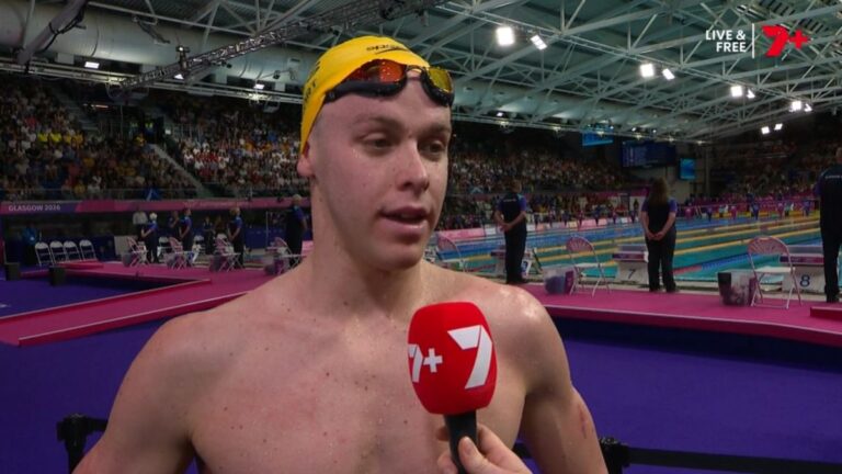 Sam Short after winning the men's 400m freestyle at the Glasgow 2026 Commonwealth Games.