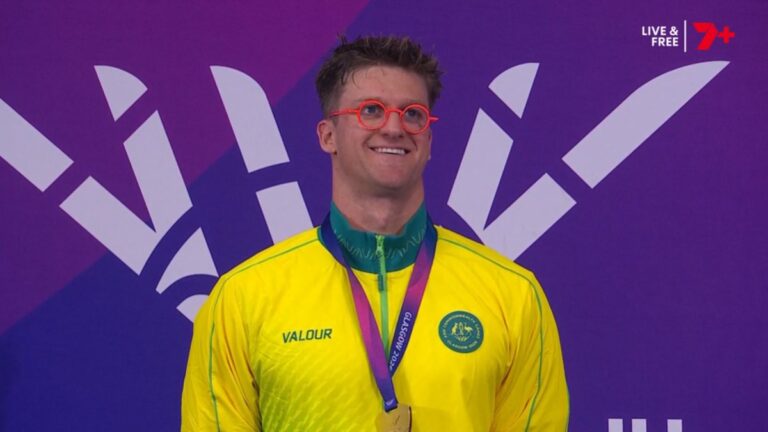 Sam Williamson after winning gold in the men's 100m breaststroke at Glasgow 2026.