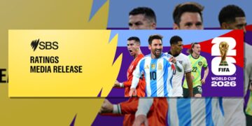 SBS FIFA World Cup 2026 ratings media release artwork with football players and tournament branding.