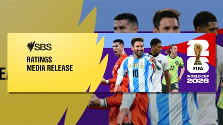 SBS FIFA World Cup 2026 ratings media release artwork with football players and tournament branding.