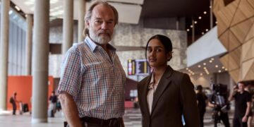 Hugo Weaving and Shabana Azeez in The Airport Chaplain