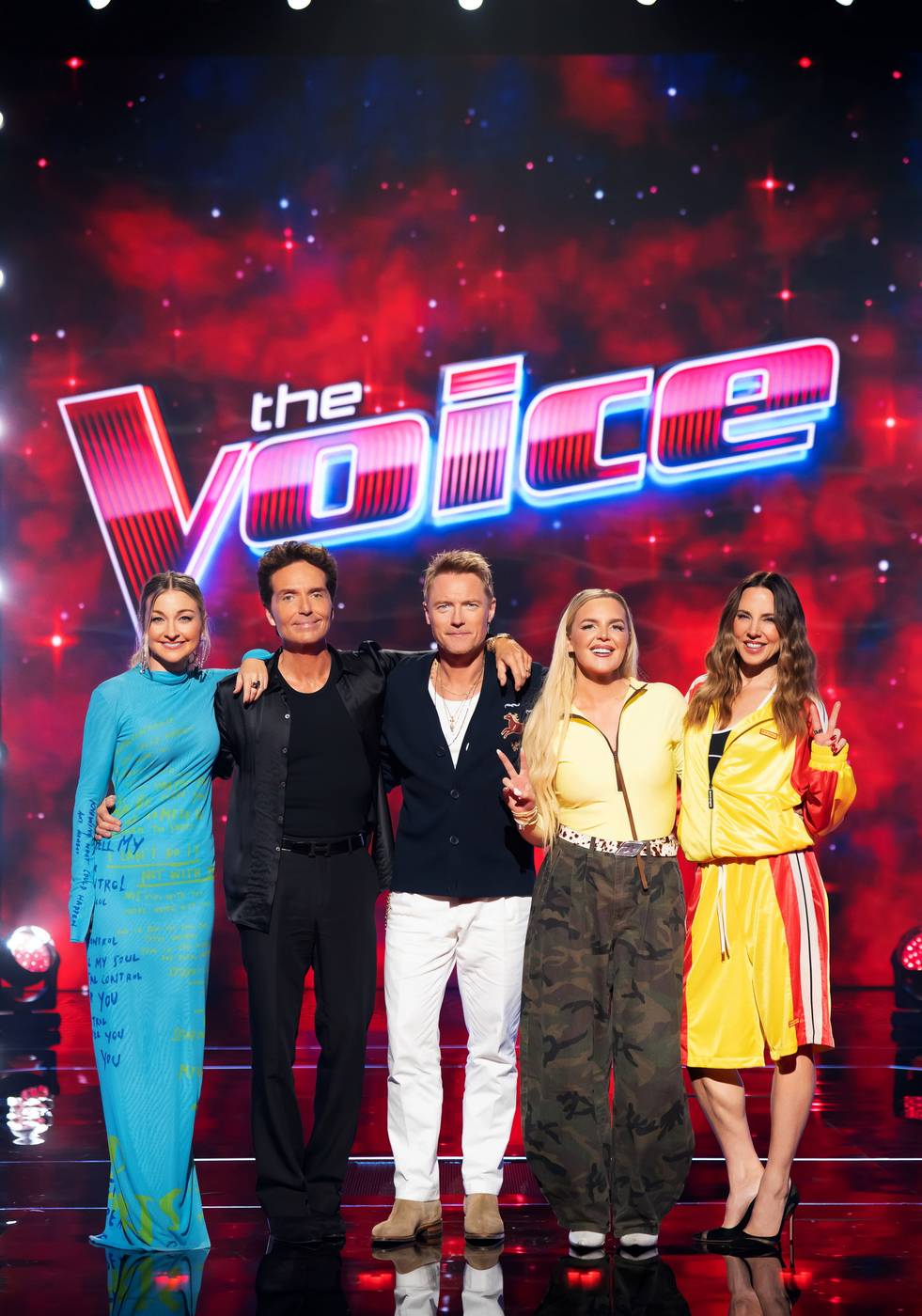 The Voice 2026 coaching panel on the Seven stage