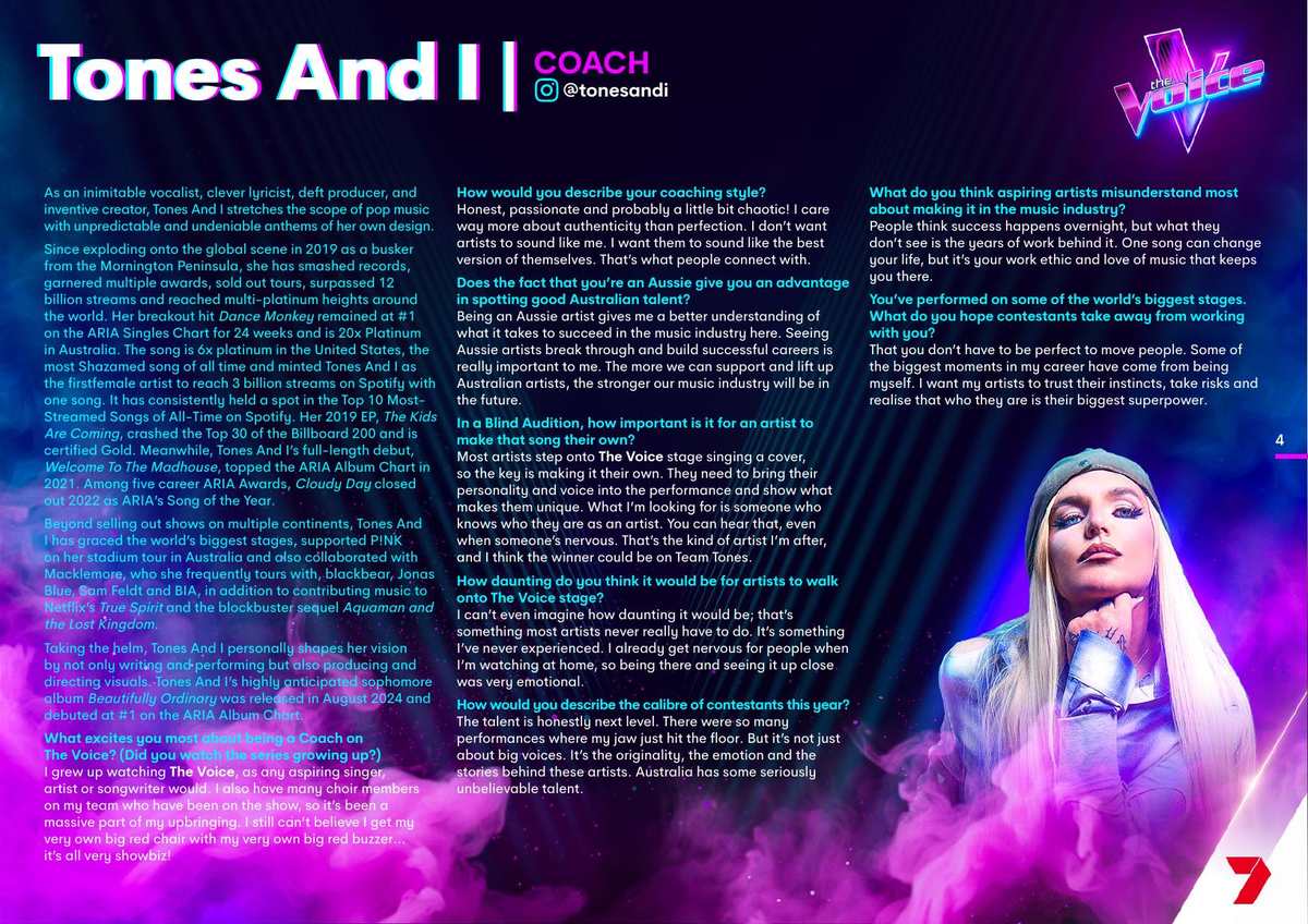 Tones And I media kit page for The Voice 2026