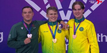 Tim Hodge and Harrison Vig after winning gold and bronze for Australia at Glasgow 2026.