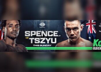 Official Main Event artwork for Errol Spence Jr versus Tim Tszyu on Kayo Sports.