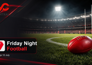 TV Central ratings graphic for 10 July 2026 showing Seven's Friday Night Football with official TV Central and Seven logos.