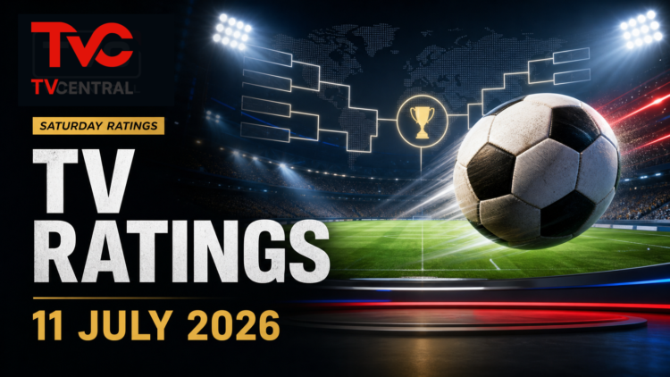 TV Central ratings graphic for 11 July 2026 showing a generic football broadcast and Saturday ratings theme with the official TV Central logo.