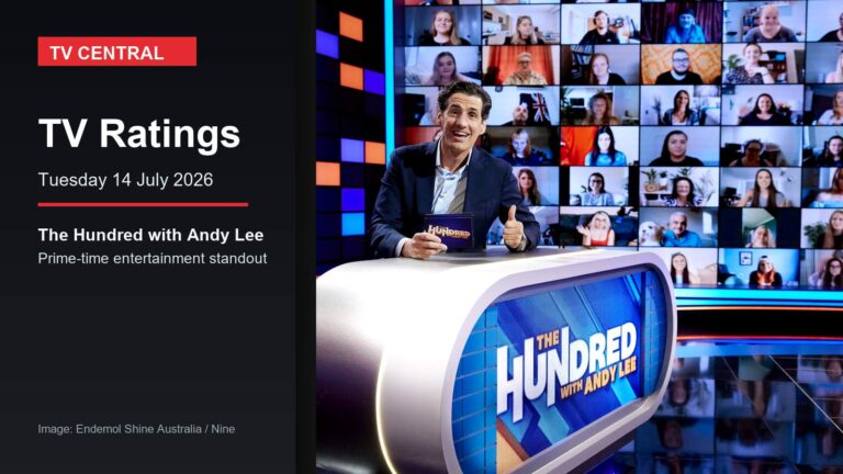 TV Central ratings graphic for 14 July 2026 featuring The Hundred with Andy Lee artwork.