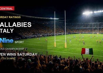 Wallabies v Italy rugby stadium image for Saturday TV ratings with integrated Nine logo and red TV Central label