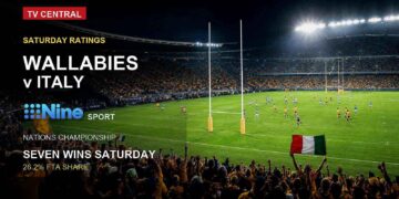 Wallabies v Italy rugby stadium image for Saturday TV ratings with integrated Nine logo and red TV Central label