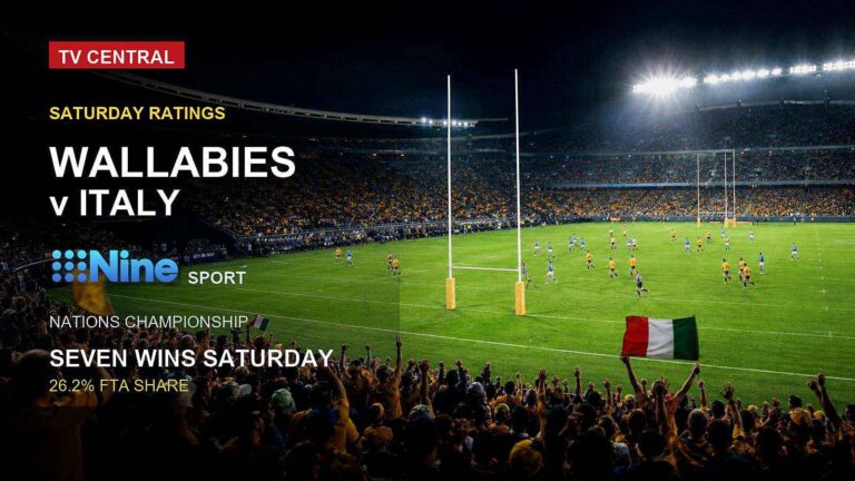 Wallabies v Italy rugby stadium image for Saturday TV ratings with integrated Nine logo and red TV Central label